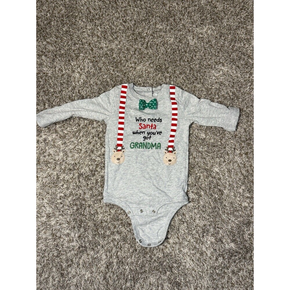 Koala Kids Baby 12-18M Christmas Bodysuit Gray Who Needs Santa Got Grandma Bow
